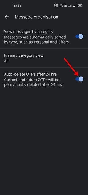 Omogućite prekidač "Automatsko brisanje OTP-a nakon 24 sata".
