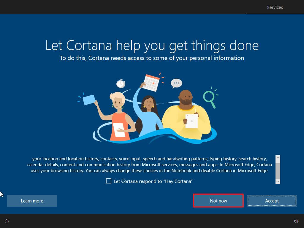 OOBE Cortana 설정 건너뛰기