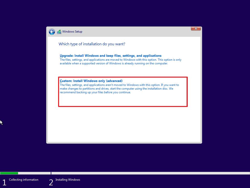 Windows 10 설치, 사용자 지정 설치 옵션