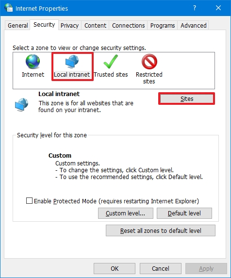 Windows 10 인터넷 옵션 보안 설정