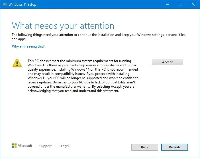 Windows 11 설치 요구 사항 경고