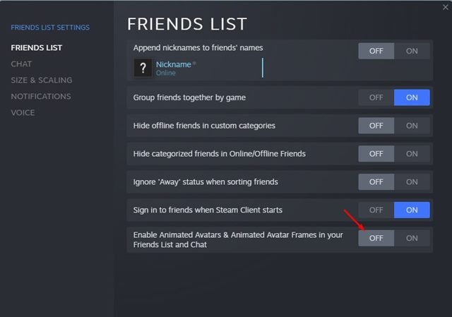 Dezactivați „Activați avatarurile animate și cadrele de avatar animate în lista de prieteni și chat”.