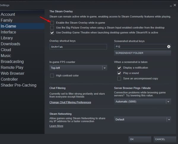 '게임 내에서 Steam 오버레이 활성화' 옵션을 선택 취소하십시오.