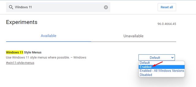 Windows 11 스타일 메뉴 플래그 활성화