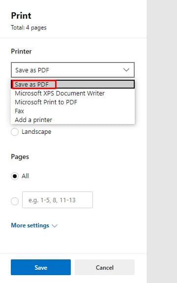 'Microsoft PDF로 인쇄' 선택