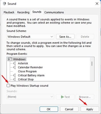 'Windows 시작 소리 재생' 옵션을 선택 취소합니다.
