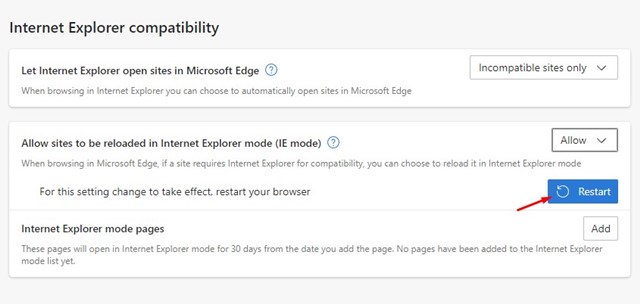 Microsoft Edge에서 Internet Explorer 모드 활성화