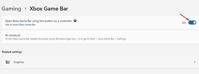'이 버튼을 사용하여 Xbox Game Bar 열기' 토글 버튼 활성화