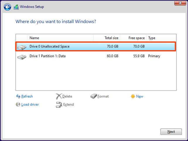 Schone installatie van Windows 11 in niet-toegewezen ruimte