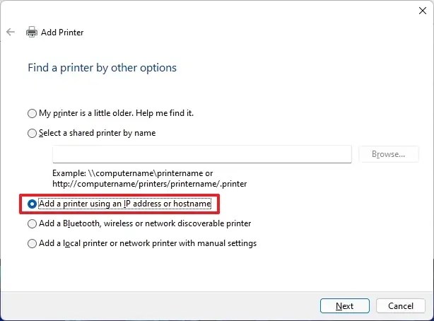 Agregar impresora usando la dirección IP o el nombre de host