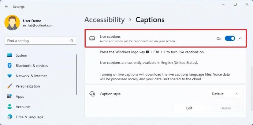 Aktiver Live Captions i Windows 11