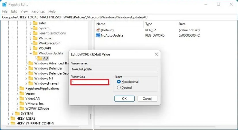Отключить обновления в реестре Windows 11