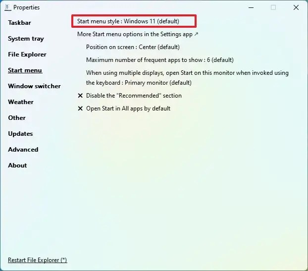 Štýl ponuky Štart systému Windows 11