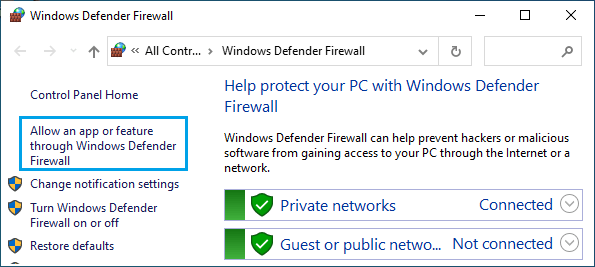 允许应用或功能通过 Windows Defender 防火墙