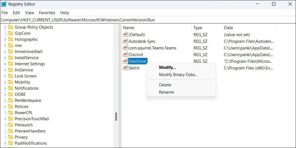 Изтрийте стартиращите файлове на OneDrive в редактора на системния регистър