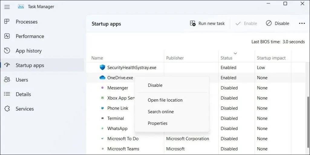 השבת את ההפעלה של OneDrive באמצעות מנהל המשימות