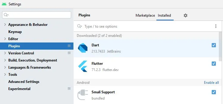 Plugins-menu i Android Studio