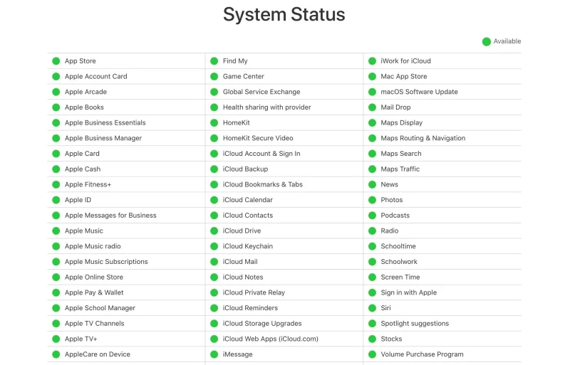 Appleのシステムステータスページのスクリーンショット