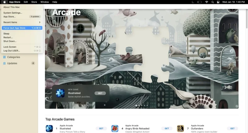 Cuplikan layar opsi Tutup Paksa melalui bilah menu Apple