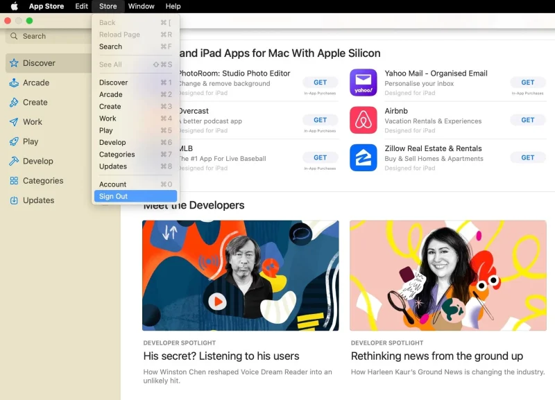 Kuvakaappaus Mac App Storesta uloskirjautumisesta Storen kautta