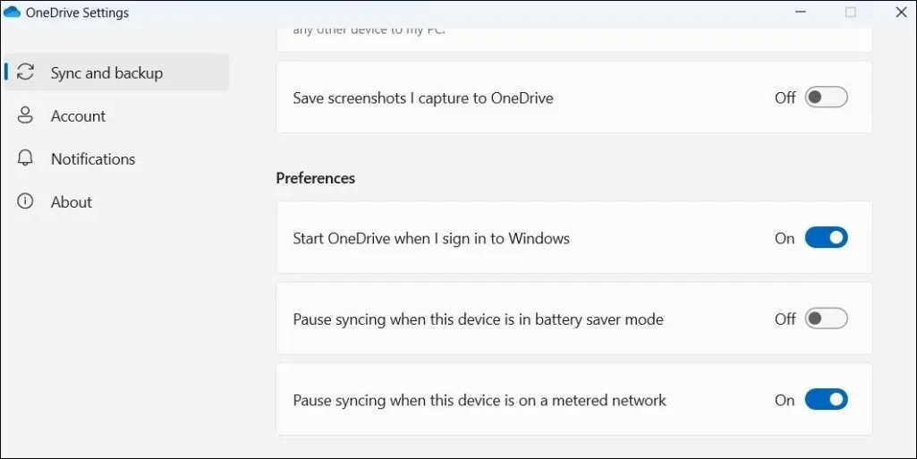 Paramètres OneDrive dans Windows