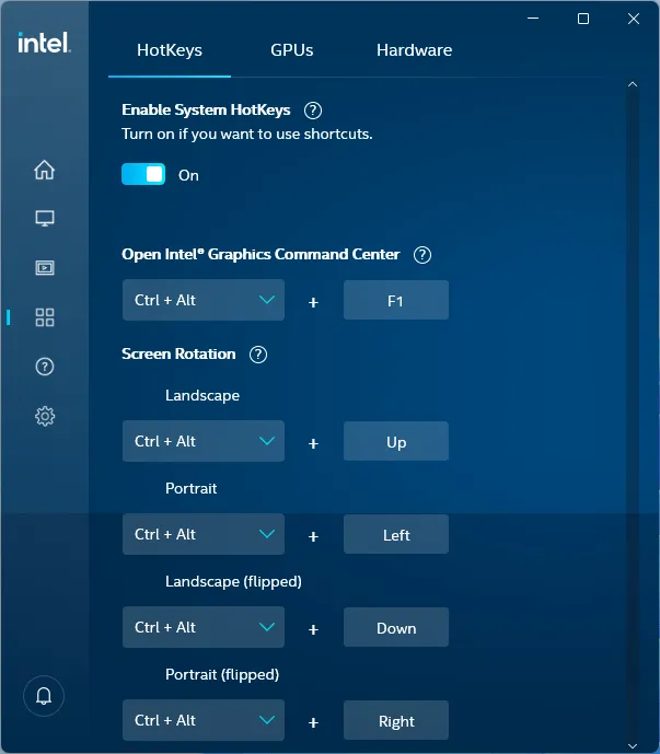 Windows-Bildschirm Intel Graphics Command Center Hotkey-Rotation
