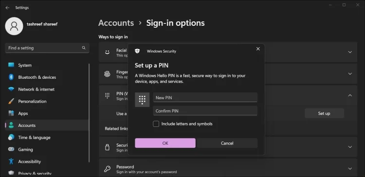 Adicionado novo pino 1 às opções de login do Windows 11