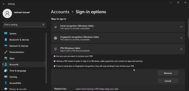 Потвърдете премахването на ПИН за опции за влизане в Windows 11
