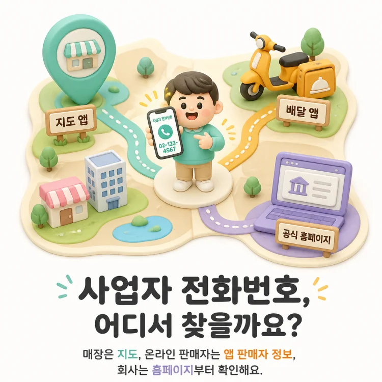 지도 검색, 공식 홈페이지, 배달앱 판매자 정보 등 사업자 전화번호를 찾는 여러 경로를 나타낸 그래픽