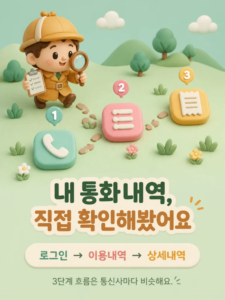 통신사 앱에서 이용내역 메뉴로 통화 상세내역을 확인하는 화면 흐름