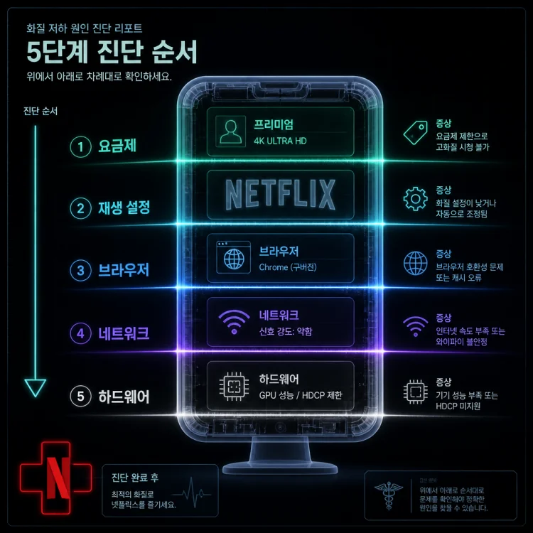 넷플릭스 화질 저하 원인을 요금제, 재생 설정, 브라우저, 네트워크, PC 하드웨어 순으로 진단하는 5단계 흐름 이미지