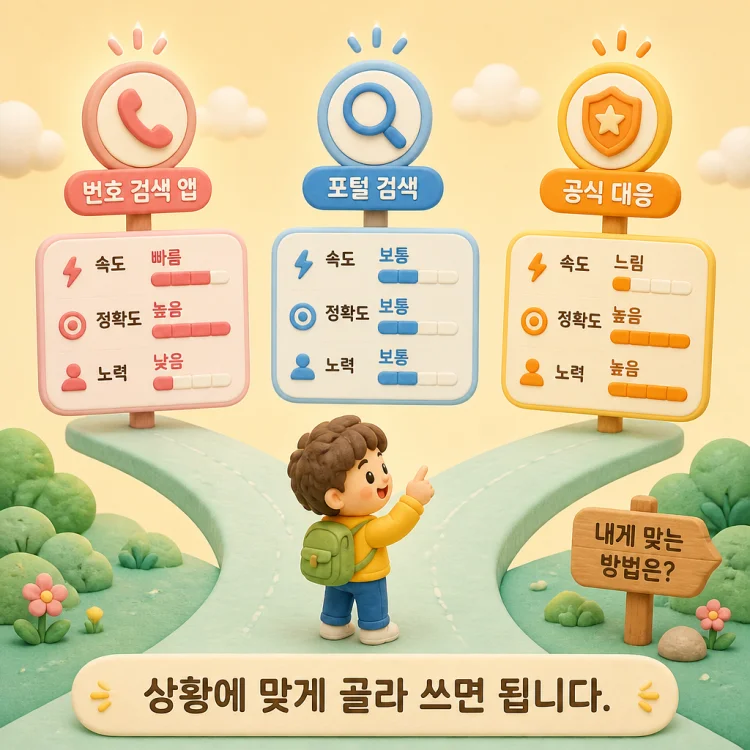 번호 검색 앱, 포털 검색, 공식 대응을 비교하는 표 형태 이미지