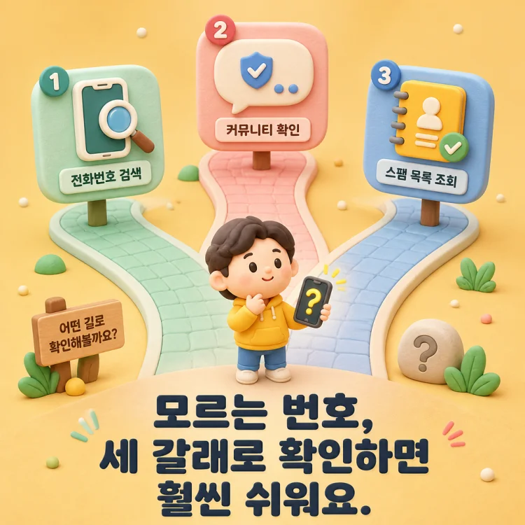 스팸번호 검색 방법 세 가지를 정리한 개념 이미지