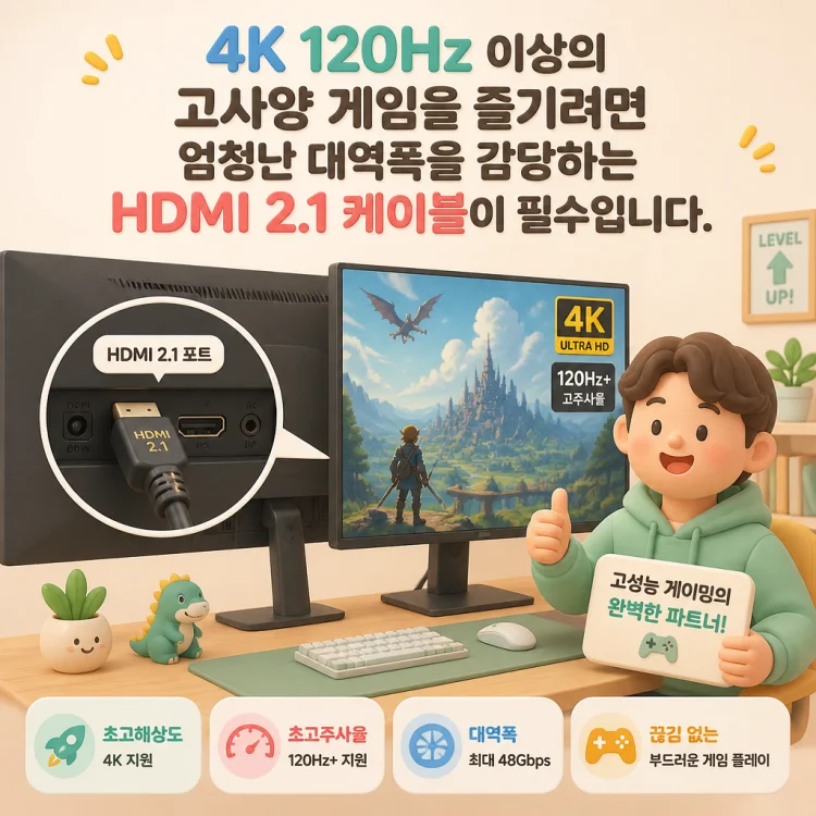 화려한 게임 화면이 띄워진 게이밍 모니터 뒷면에 굵고 튼튼한 HDMI 케이블이 꽂혀 있는 모습