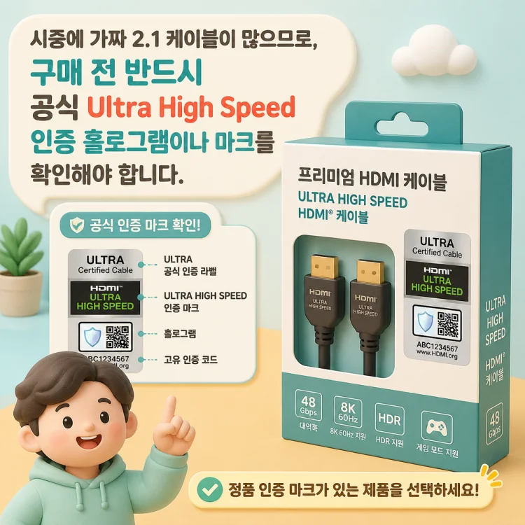 HDMI 2.1 케이블 포장 박스 겉면에 인쇄된 Ultra High Speed 공식 인증 로고와 QR 코드