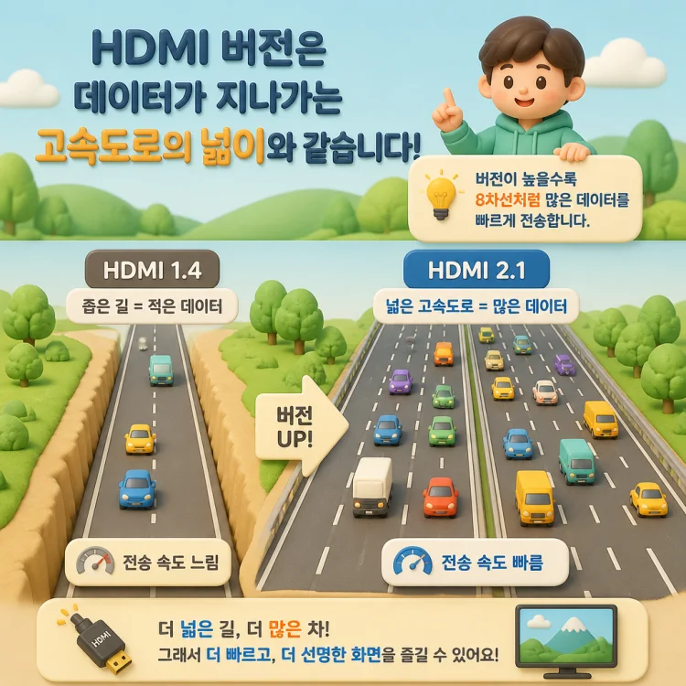 1차선, 4차선, 8차선 고속도로 위를 달리는 자동차들로 HDMI 1.4, 2.0, 2.1의 데이터 전송 대역폭 차이를 보여주는 그래픽