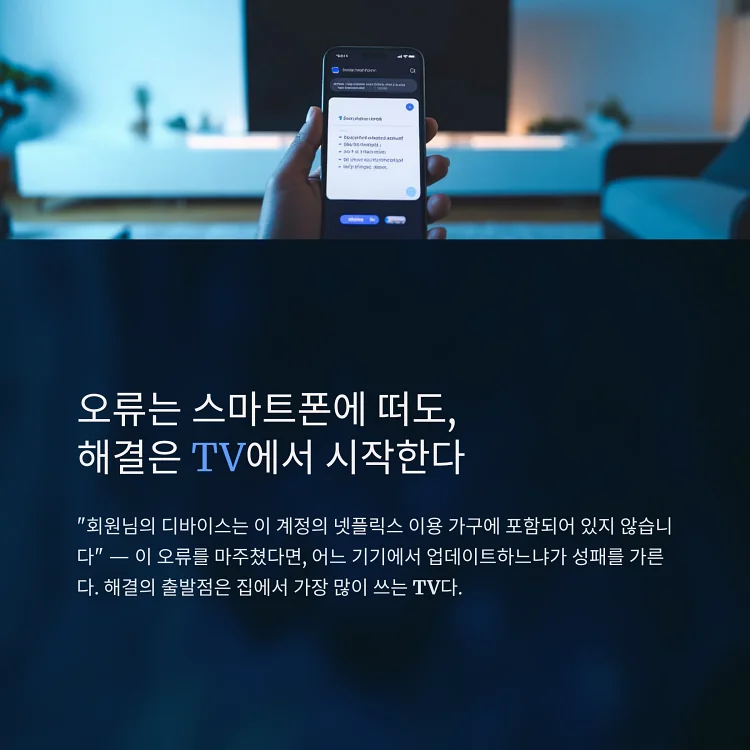 넷플릭스 이용 가구 오류 메시지가 표시된 스마트폰 화면과 옆에 놓인 TV